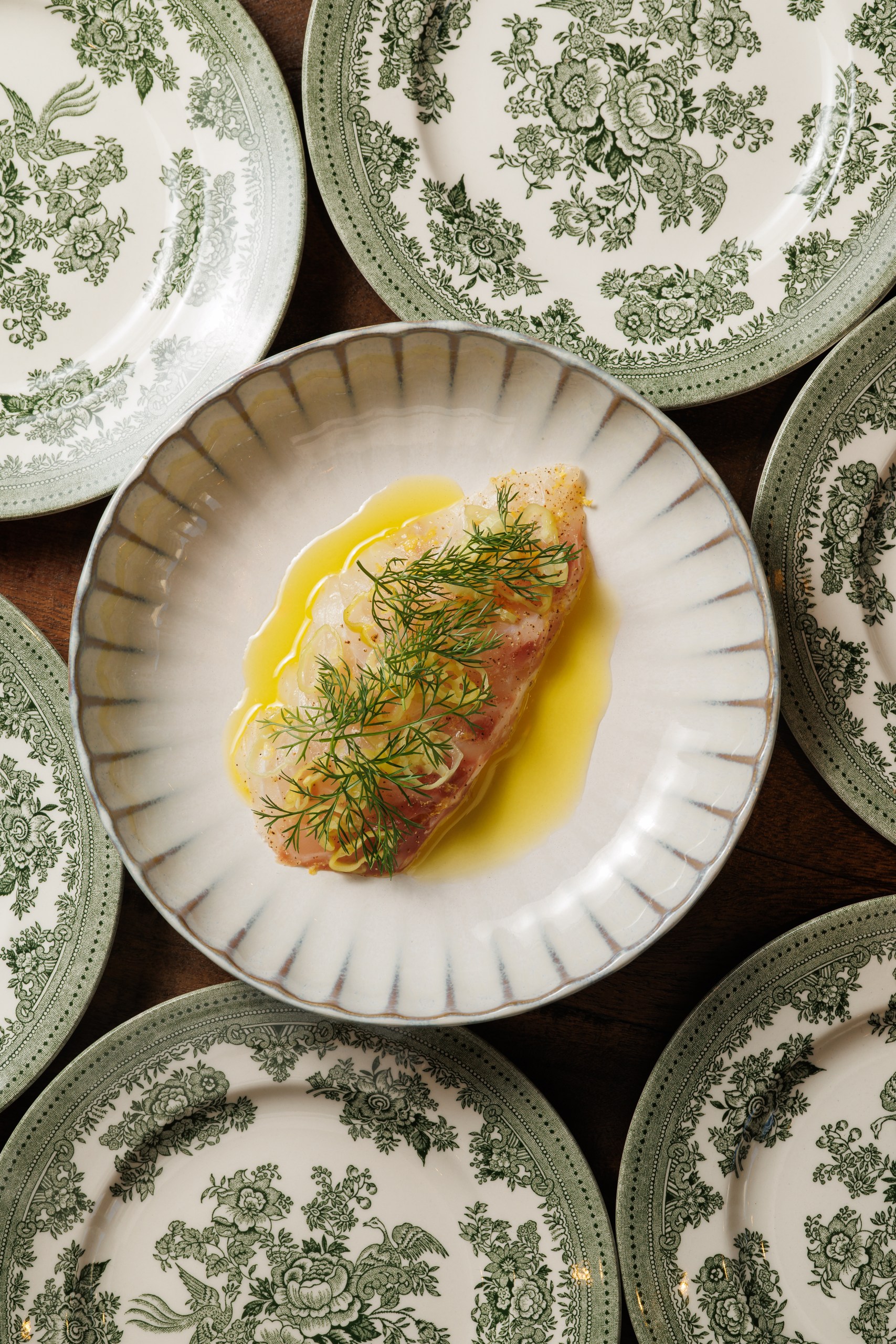 Sea bass crudo with dill, olive oil, on patterned ceramic plate